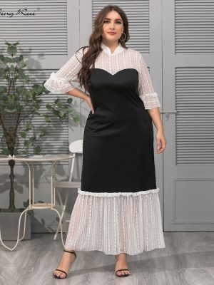 Plus Size Clothes  Women Clothes Stand Collar Lace Stitching Crochet Loose Mature Elegant Color Block Dress