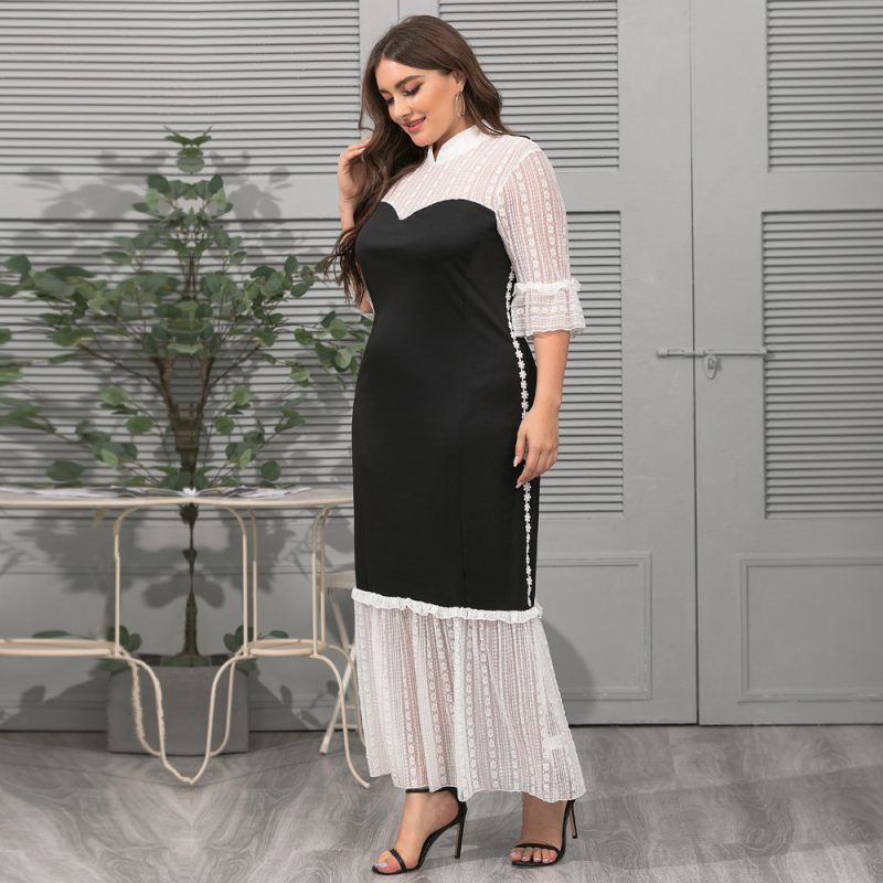 Plus Size Clothes  Women Clothes Stand Collar Lace Stitching Crochet Loose Mature Elegant Color Block Dress - Image 3