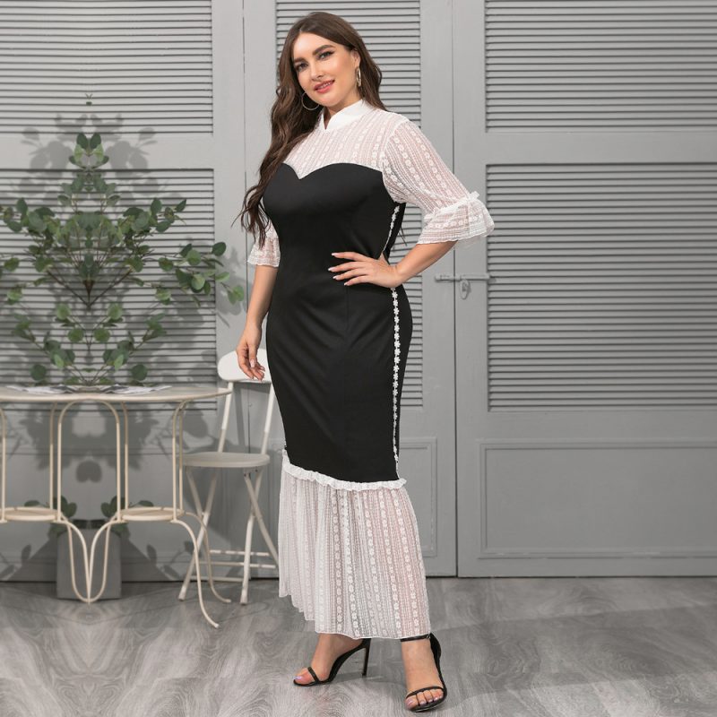 Plus Size Clothes  Women Clothes Stand Collar Lace Stitching Crochet Loose Mature Elegant Color Block Dress - Image 2
