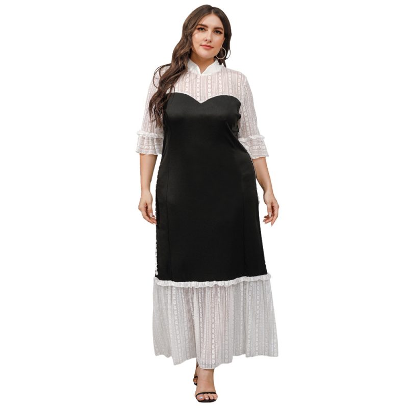 Plus Size Clothes  Women Clothes Stand Collar Lace Stitching Crochet Loose Mature Elegant Color Block Dress - Image 5