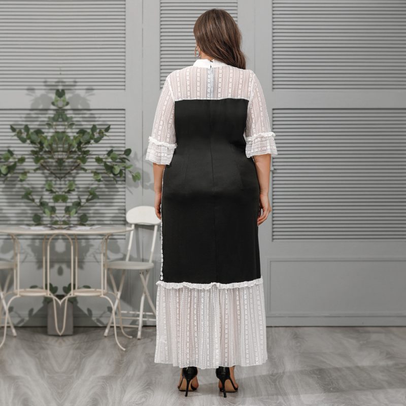 Plus Size Clothes  Women Clothes Stand Collar Lace Stitching Crochet Loose Mature Elegant Color Block Dress - Image 4