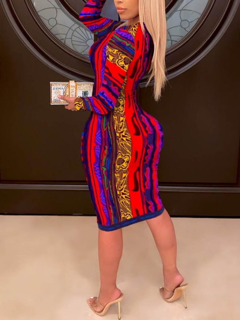 Plus Size Fashionable Long Sleeve Dress Printed Deep V Plunge Plunge Sexy Slim Fit Hip Wrapped Dress - Image 2