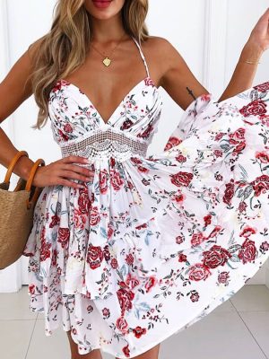 Women Sexy Backless Waist Lace Dress selling Floral print Dress