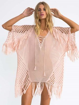 Knitted Tassel Beach Cover-up Sexy Knitted Holiday Sun Protection Shirt Seaside Bikini Swimsuit Blouse