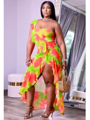 Plus Size Women Clothing Summer Single Sleeve Irregular Asymmetric Printed Flounced Dress Edge Dress