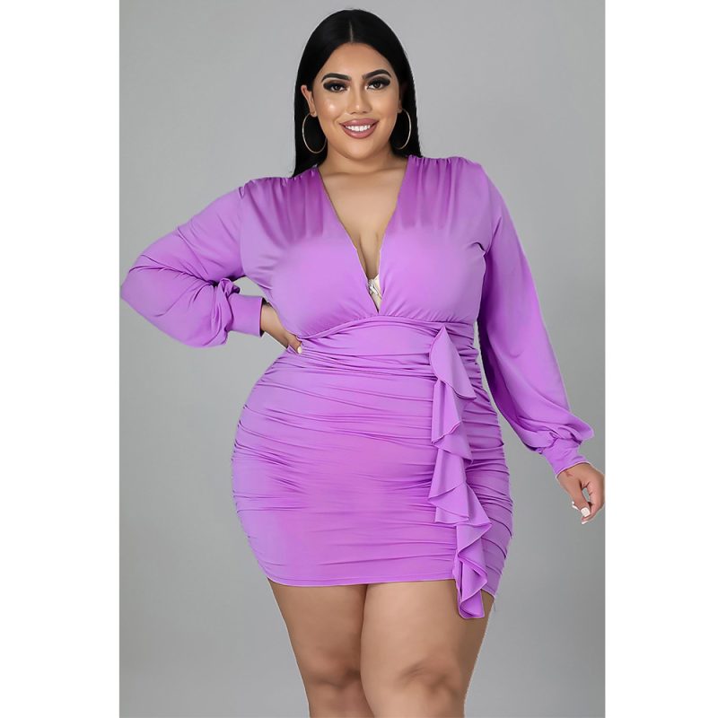 Plus Size New Arrival  Women Clothing Solid Color Pleated Sexy Sheath  Dress - Image 3