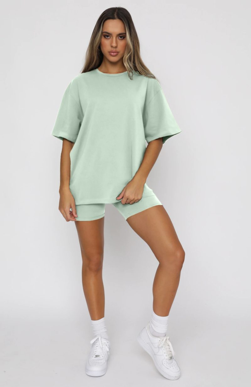 Summer Solid Color Short Sleeve round Neck Pullover Top Urban Casual Shorts Suit Women - Image 2