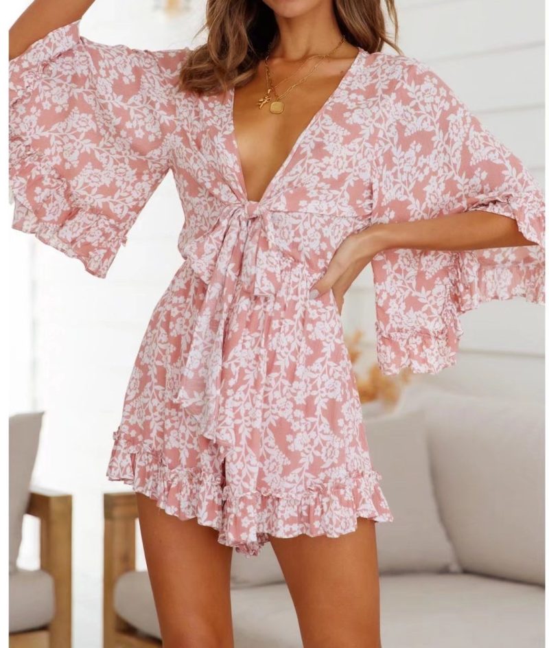 Autumn Seaside Holiday Floral Print Batwing Sleeve V neck Lace up Three Color Romper