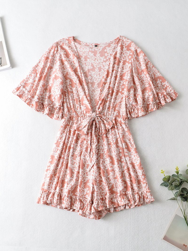 Autumn Seaside Holiday Floral Print Batwing Sleeve V neck Lace up Three Color Romper - Image 2