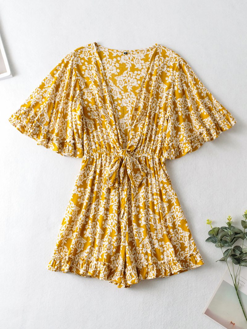 Autumn Seaside Holiday Floral Print Batwing Sleeve V neck Lace up Three Color Romper - Image 4