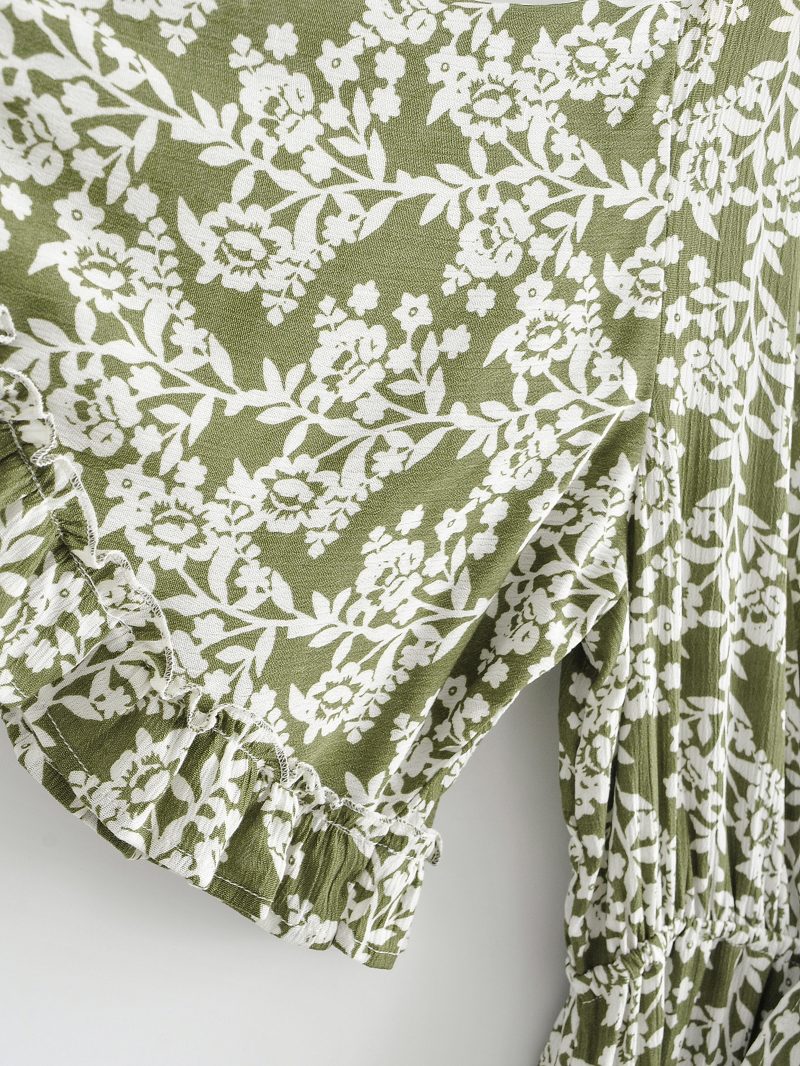 Autumn Seaside Holiday Floral Print Batwing Sleeve V neck Lace up Three Color Romper - Image 5