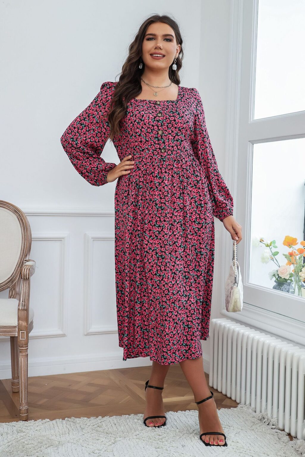 Plus Size Summer Women Square Collar  Printed Dress Supply - Image 5