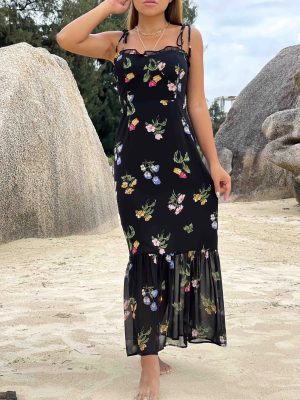 Spring Women Floral Plants Floral Print Slit Strap Dress