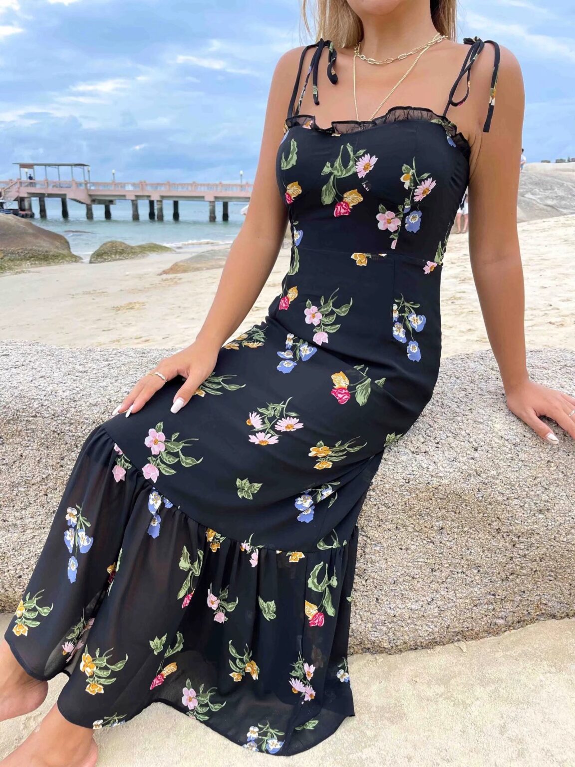 Spring Women Floral Plants Floral Print Slit Strap Dress - Image 6