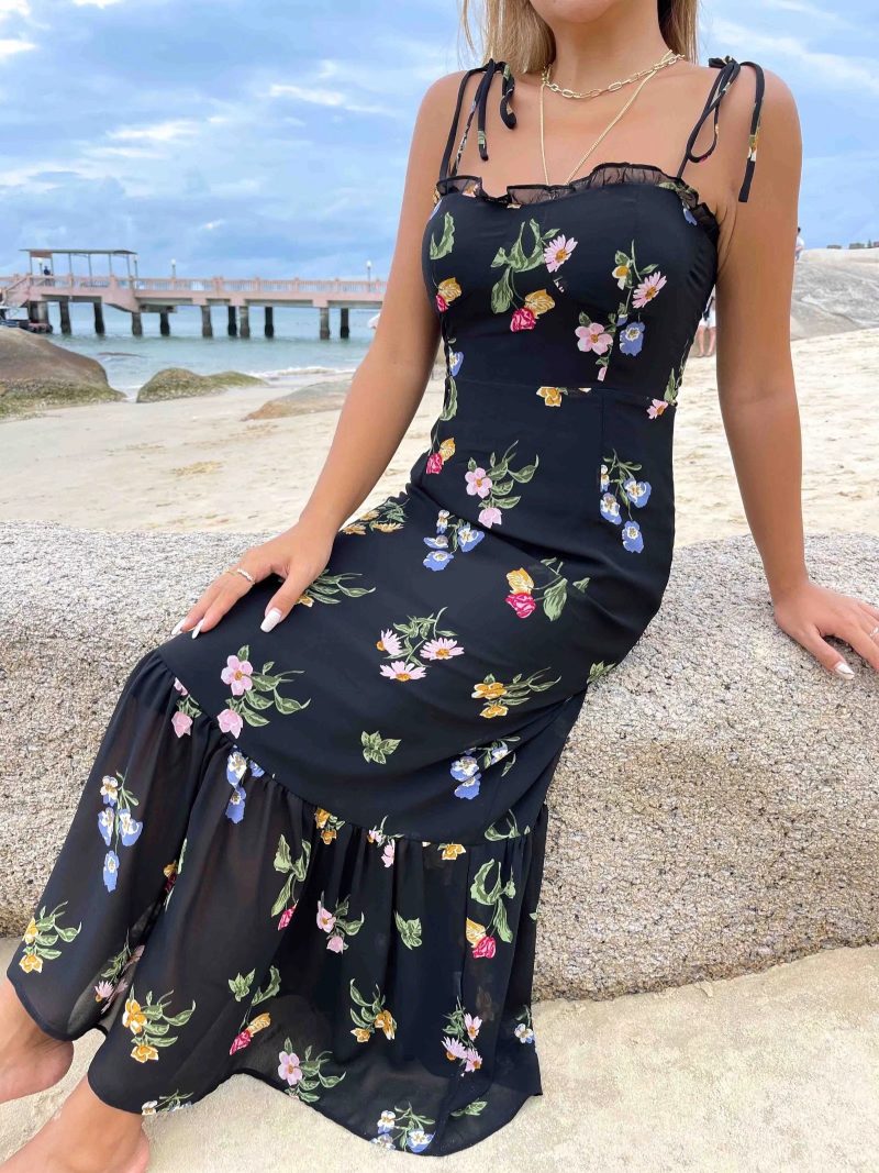 Spring Women Floral Plants Floral Print Slit Strap Dress - Image 6