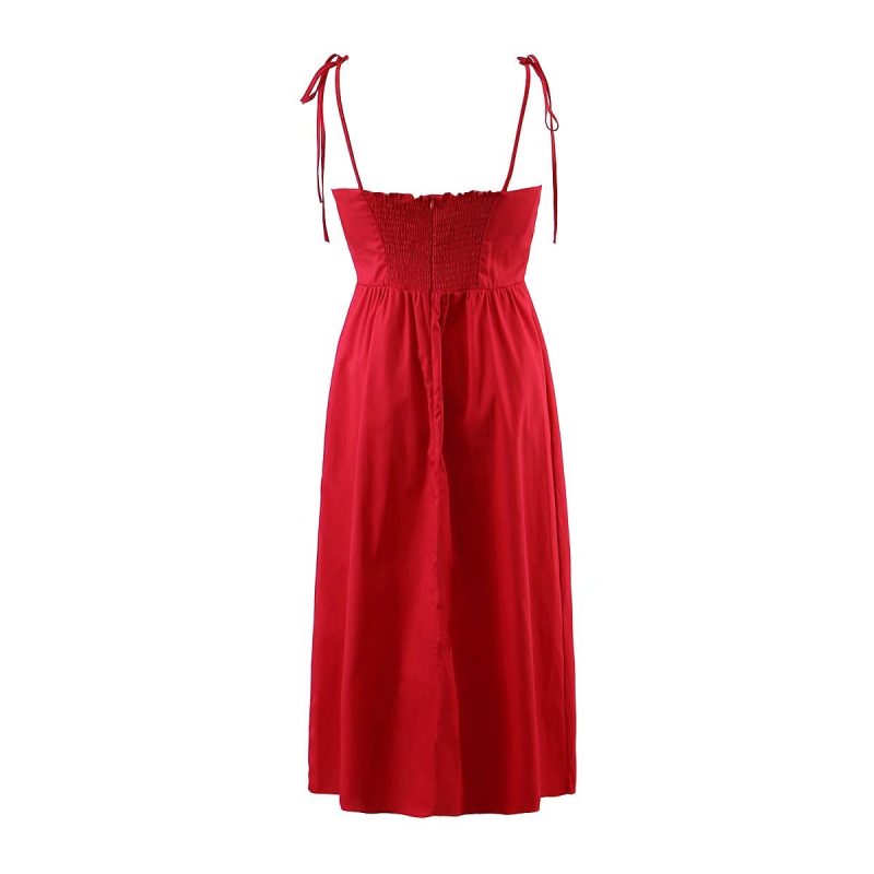 Summer Bow Lace-up Red Waisted Strap Dress Maxi Dress - Image 3