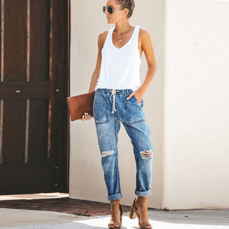 Autumn Wish Drawstring Elastic Waist Ripped Denim Pants Casual Pants For Women - Image 3