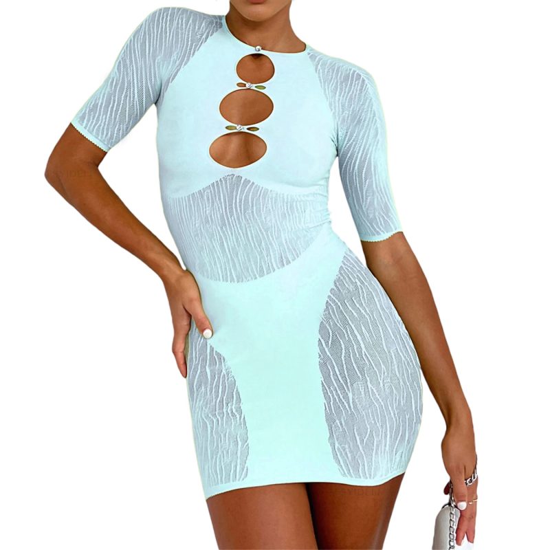 Women Mesh Stitching Transparent Hollow Out Cutout Dress Diamond Sexy Sexy Hip Dress - Image 3