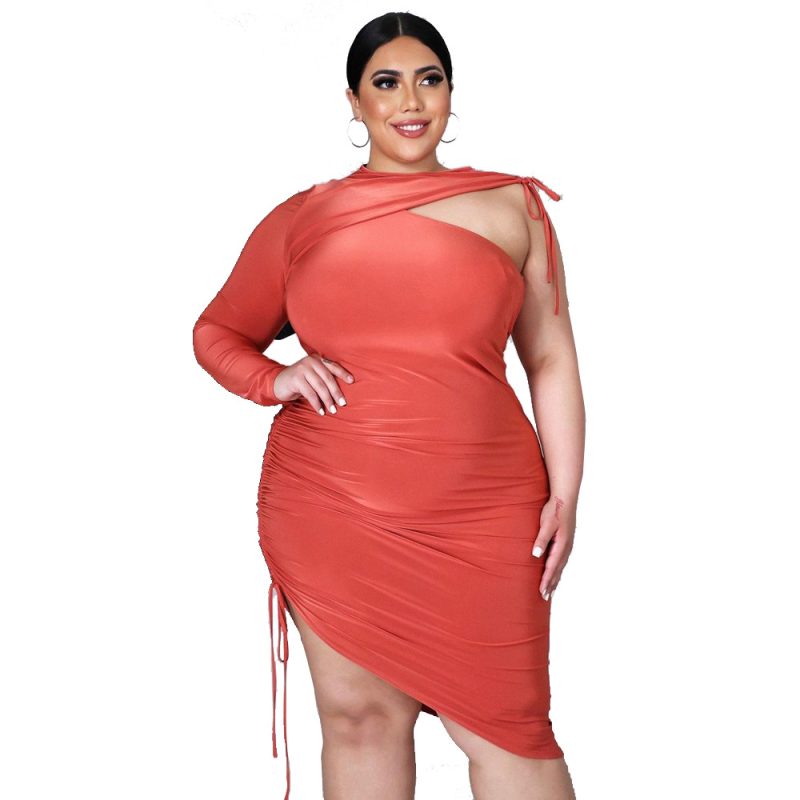 Plus Size Spring Summer Waist Dress round Neck Age-Reducing Solid Color Asymmetric Dress  Dress - Image 4