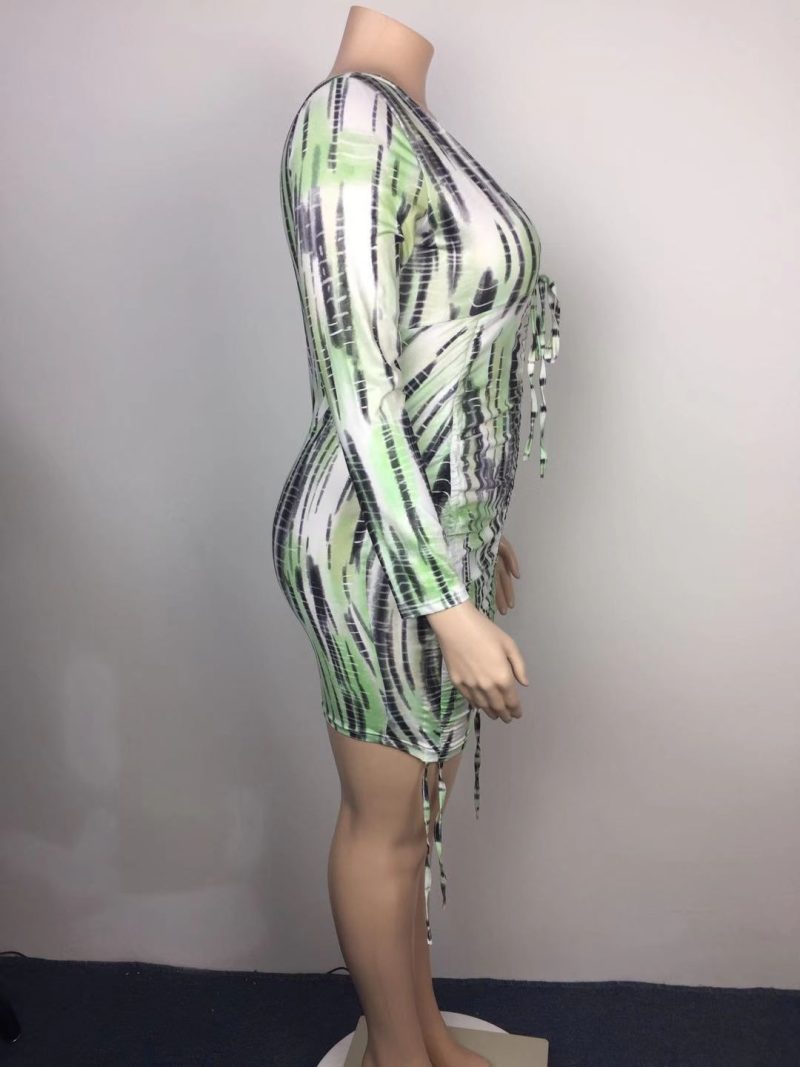 Plus Size Popular  Printed V Neck Sexy Crumpled Hip Dress - Image 4