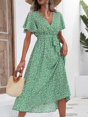 Women Clothing Summer Small Floral Print Short Sleeve Dress Cinched Slimming Maxi Dress