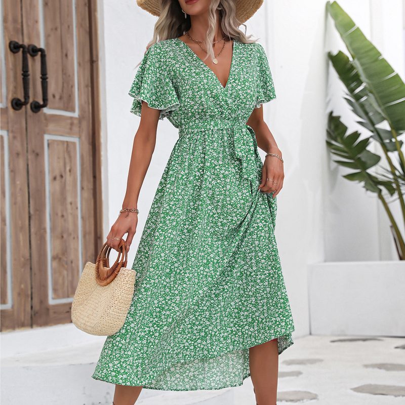 Women Clothing Summer Small Floral Print Short Sleeve Dress Cinched Slimming Maxi Dress