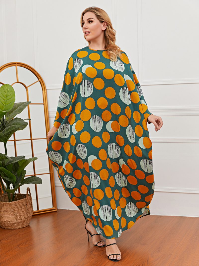 Plus Size Women Loose Casual Green Polka Dot Batwing Sleeve Dress Robe - Image 4