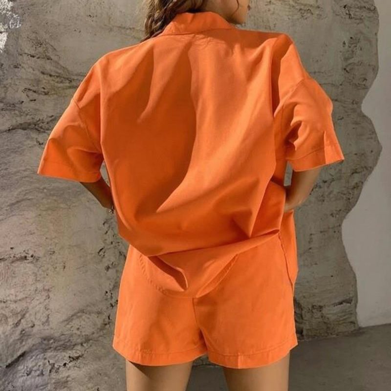 Single Breasted Collared Shirt Shorts Loose Casual Two Piece Suit Women - Image 4