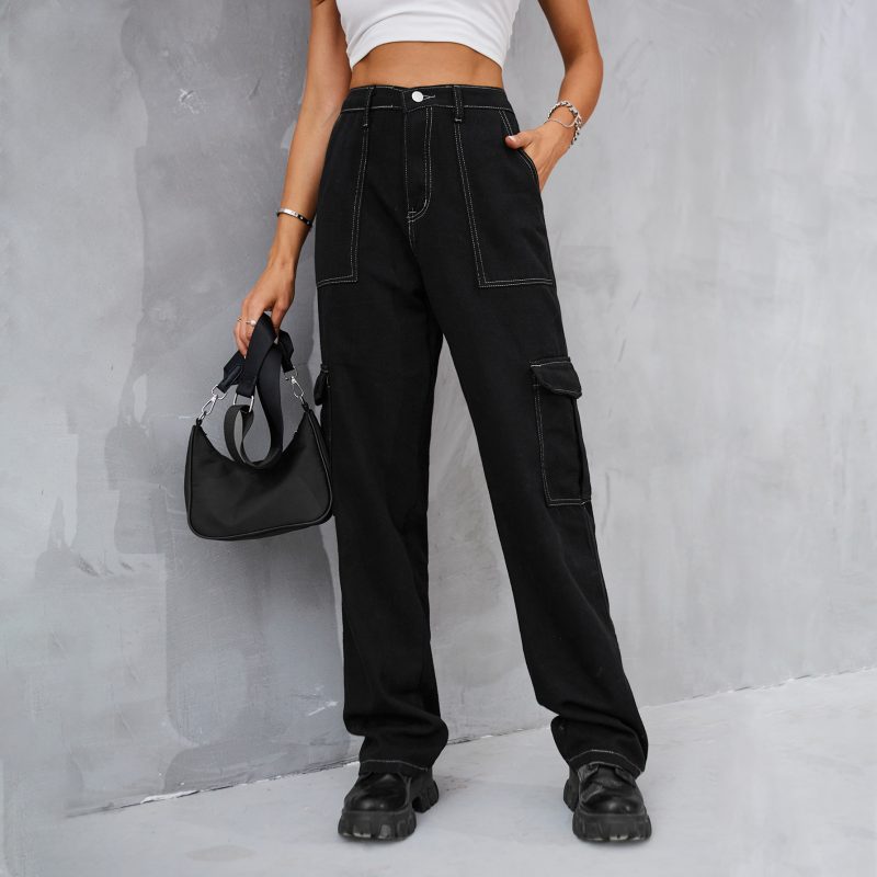 Retro Elastic Waist Denim Overalls Casual Pants Women - Image 3