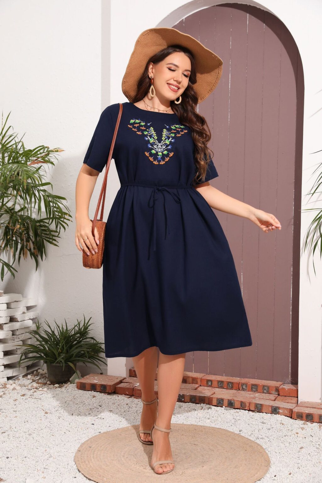 Plus Size Women Clothing round Neck Short Sleeve Embroidered Dress Belt Loose Simple Middle Dress - Image 2