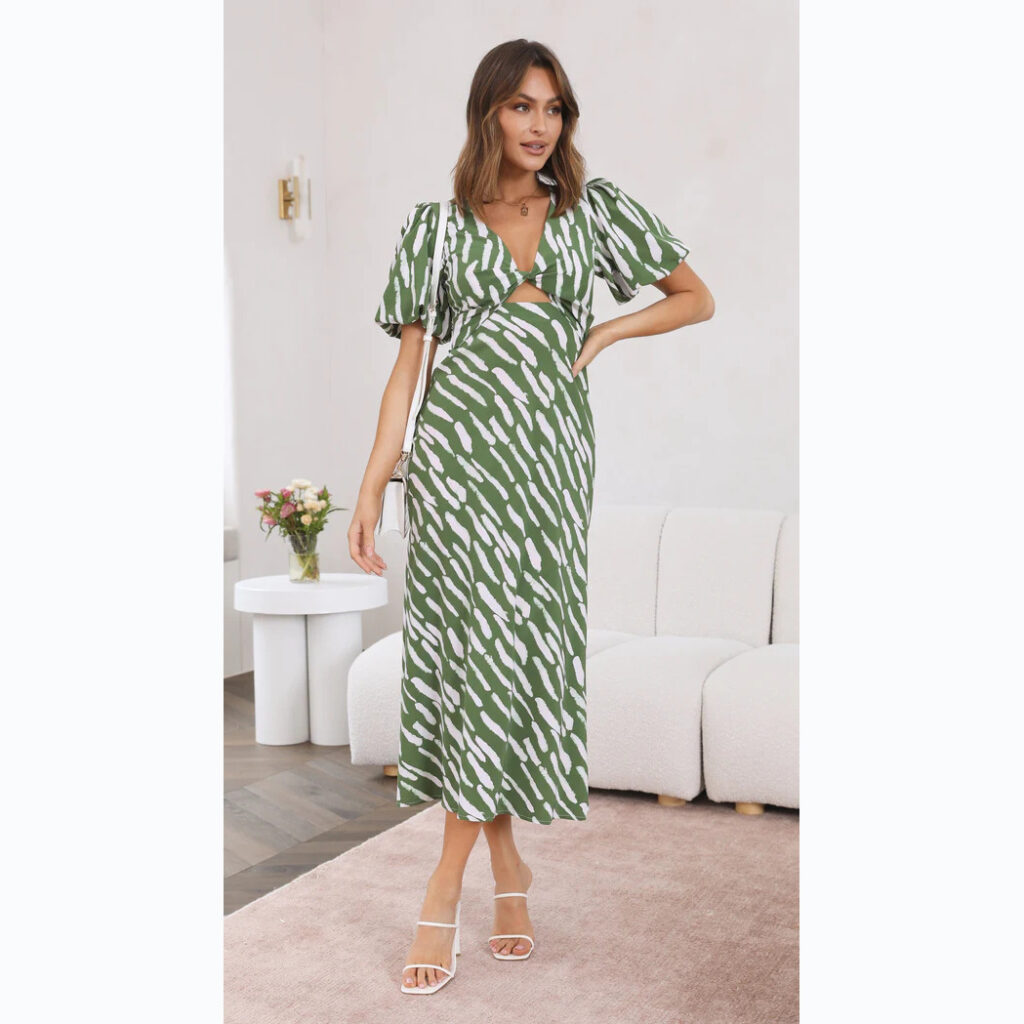 Fresh Sweet Printed V Neck A Line Midi Dress