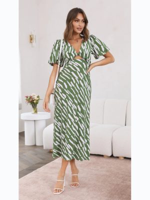 Fresh Sweet Printed V Neck A Line Midi Dress