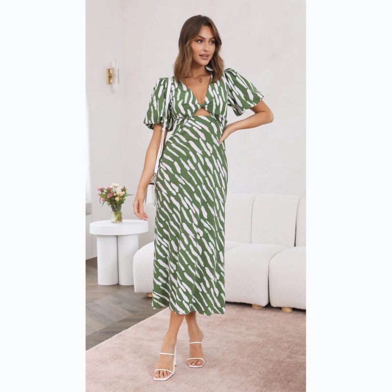 Fresh Sweet Printed V Neck A Line Midi Dress