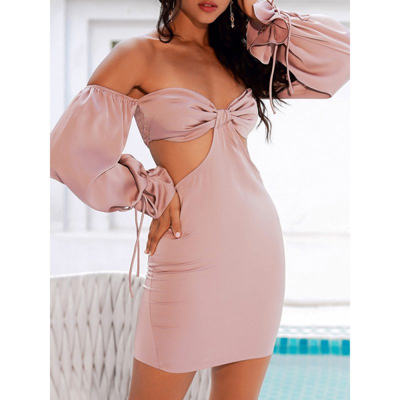 Sexy off the Shoulder Hollow Out Cutout Apricot Long Sleeve Mini Dress - Image 2