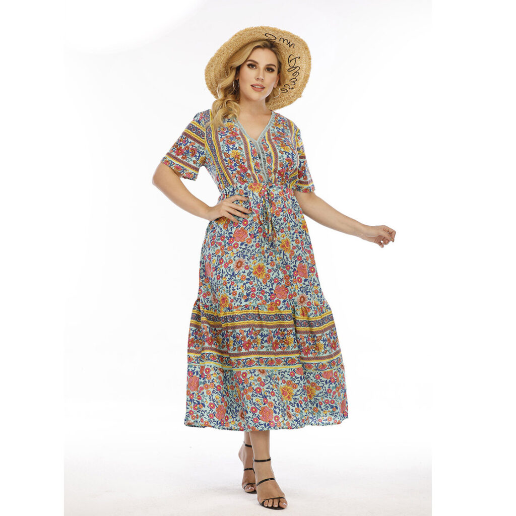 Plus Size Bohemian  Dress Wearable Lace Patchwork Maxi Dress