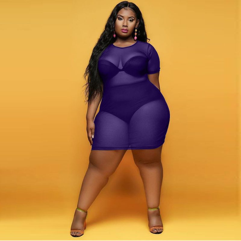 Plus Size Summer See-through Slim-Fit Sexy Black Korean Net  Women Dress