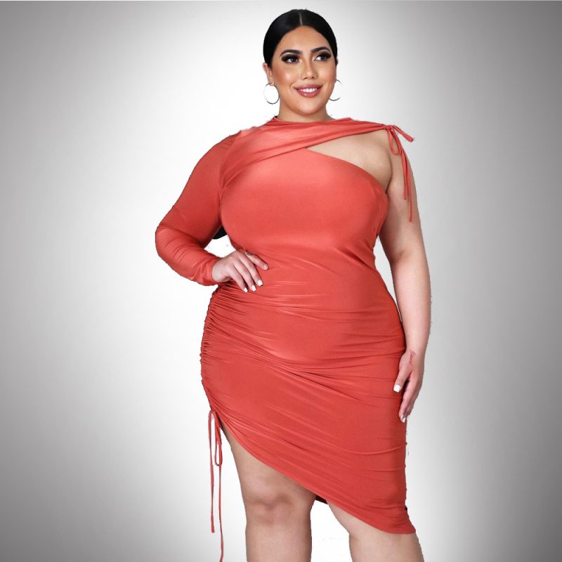 Plus Size Spring Summer Waist Dress round Neck Age-Reducing Solid Color Asymmetric Dress  Dress