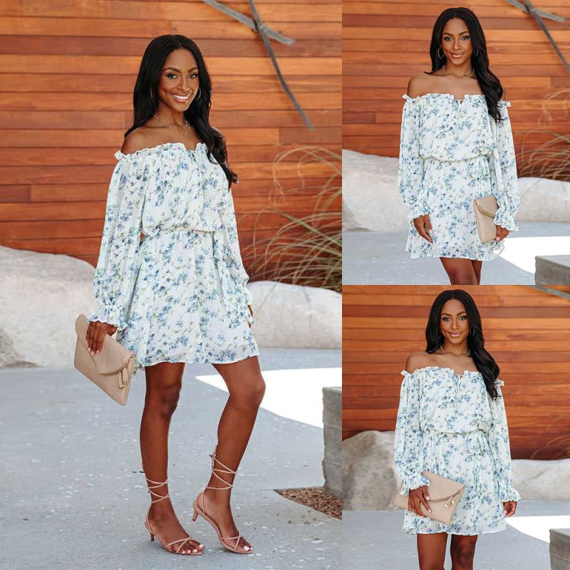 Spring Summer Women Clothing Floral Long Sleeve off Shoulder High Waist Casual Dress - Image 4
