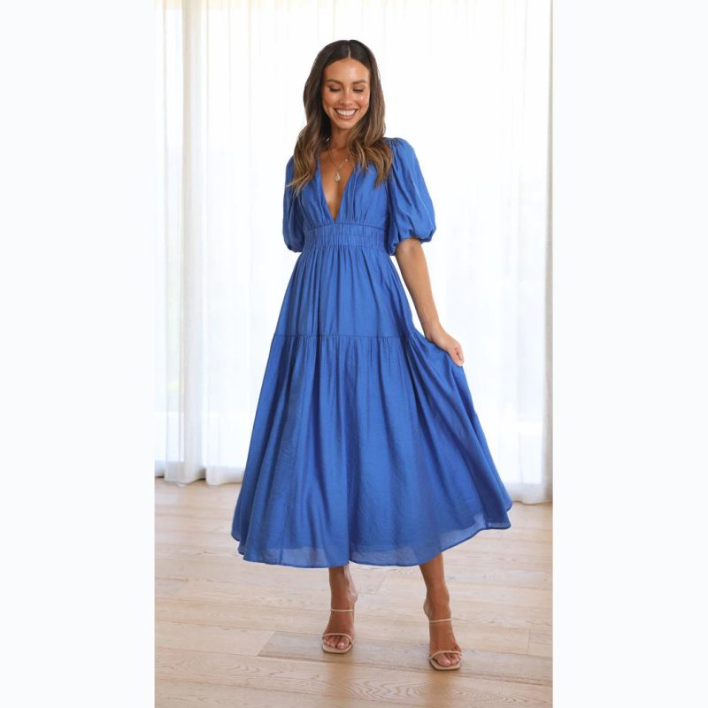 Casual Trends Summer V neck Tight Waist Mid Length Dress - Image 4