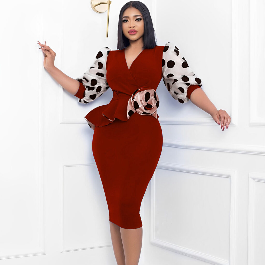 Women Summer Knitted Stitching Dotted Prints Puff Sleeve Pencil Dress 3D Decoration - Image 3