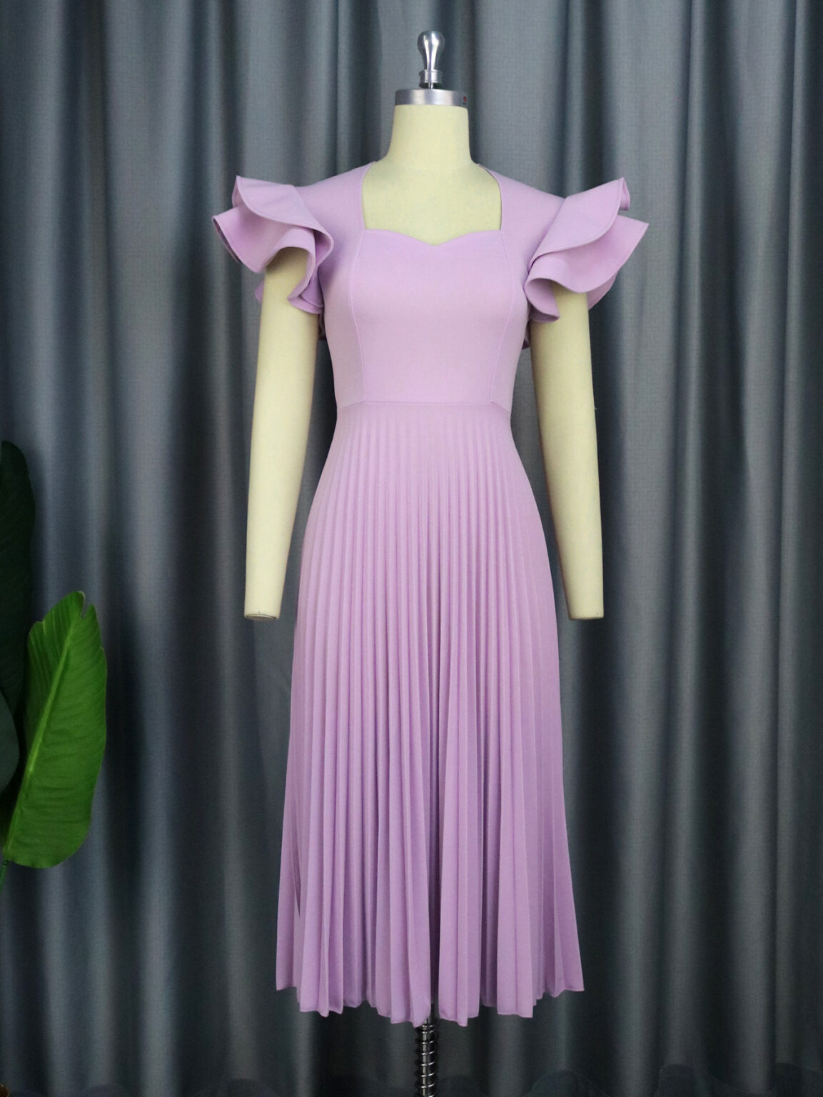 Spring Autumn Light Purple Square Collar Dress Elegant Graceful Casual Office Pleated Dresses - Image 2