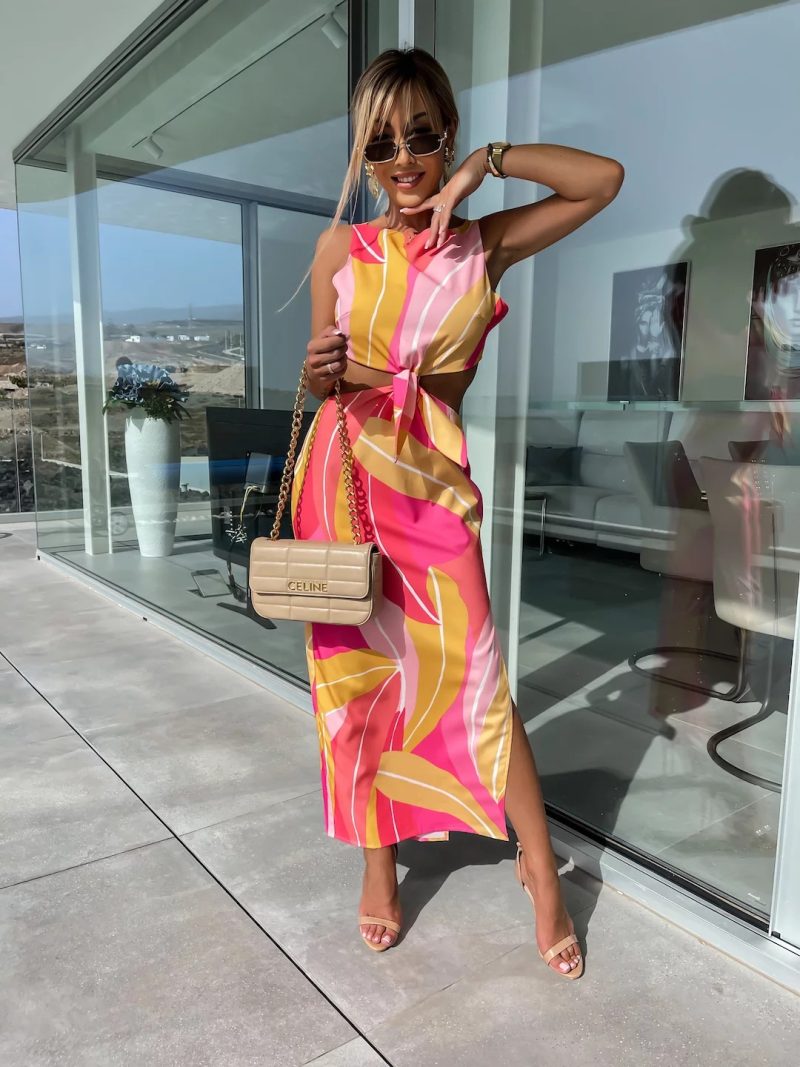 Summer Vacation Casual Printed Sleeveless Waist Elastic Hollow Out Cutout Slit Hemline at Hem Dress - Image 3