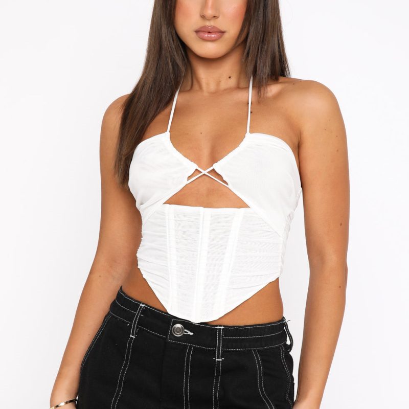 Cutout Halterneck Vest Sexy Mesh Backless Pleated Sleeveless Boning Corset Bra Top - Image 3