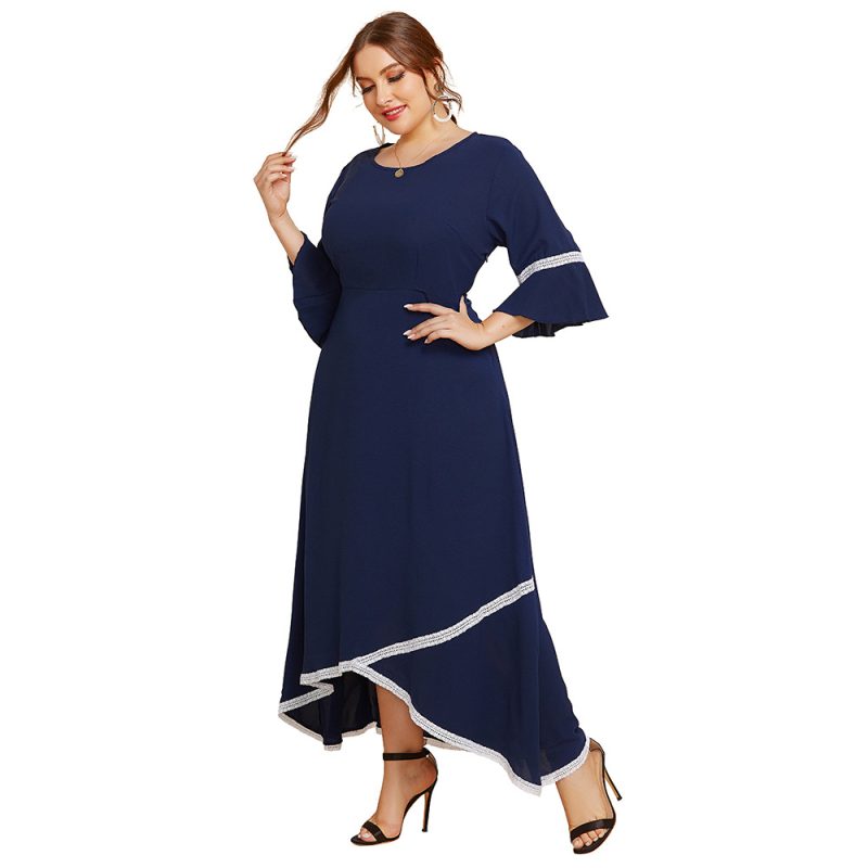 Plus Size Spring Autumn  Women Lace Patchwork round Neck Mid-Sleeve Dress Solid Color Loose - Image 5