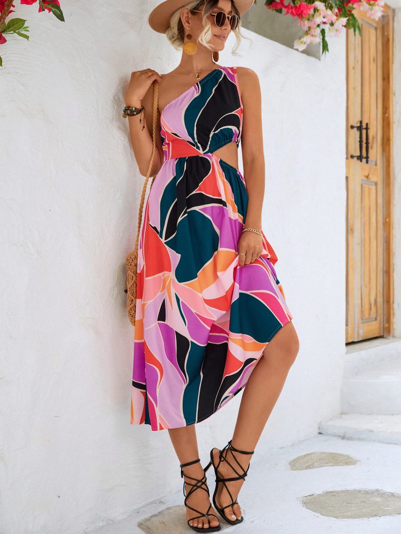 Spring Summer Women Clothing One Shoulder Sleeveless Waist Hollow Out Cutout Dress - Image 2