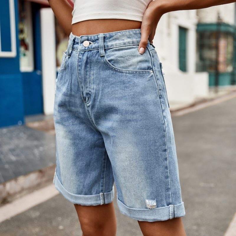 Women Clothing Trade Ripped Curling Five Point Denim Shorts Casual Pants - Image 3