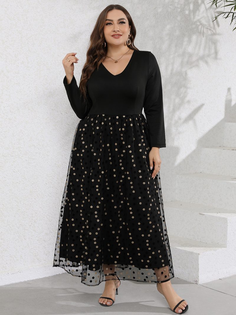 Plus Size Women Casual V Neck Long Sleeve Polka Dot Printed Pattern Swing Long Dress - Image 2