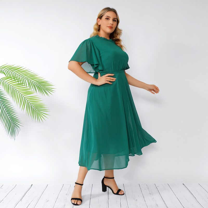 Plus Size Summer  Women Green Dresses Flare Sleeve Ruffles Backless Chiffon Dress - Image 4
