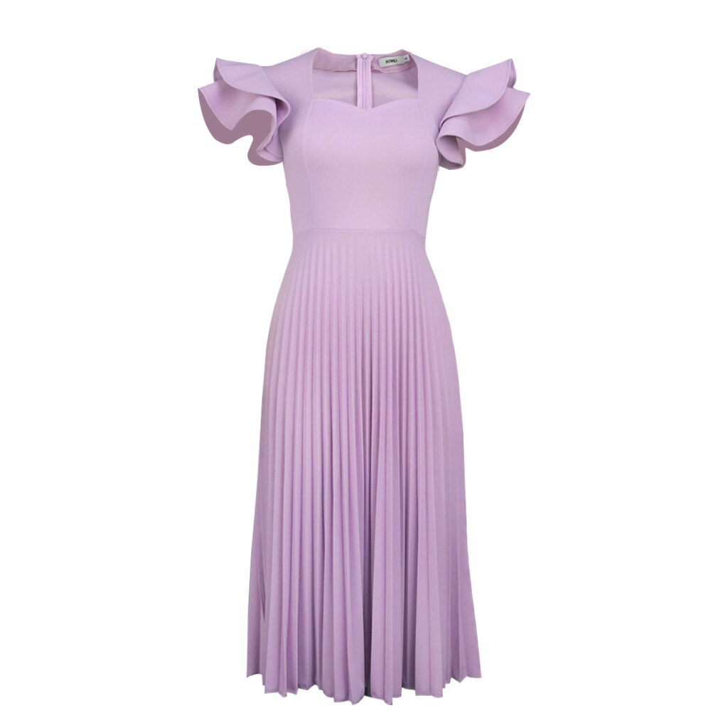 Spring Autumn Light Purple Square Collar Dress Elegant Graceful Casual Office Pleated Dresses - Image 5