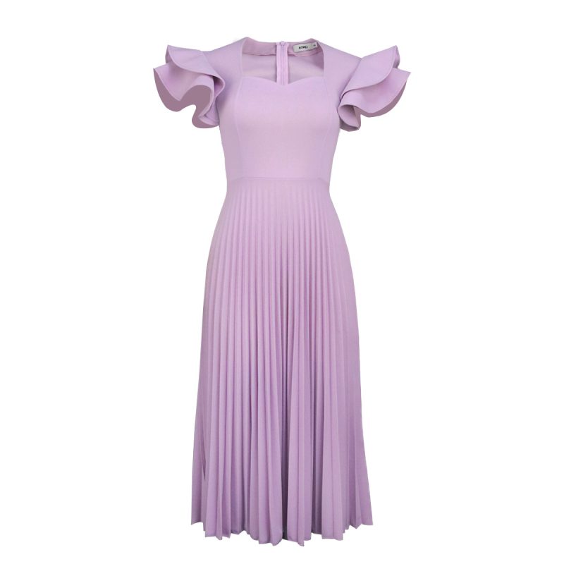 Spring Autumn Light Purple Square Collar Dress Elegant Graceful Casual Office Pleated Dresses - Image 5